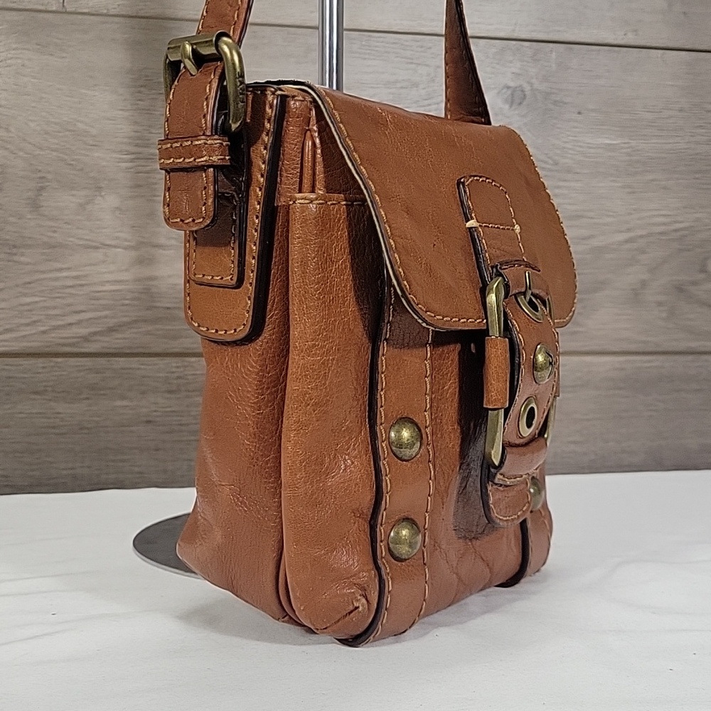 Frye Studded Brown Leather Buckle Crossbody Shoulder Bag Purse Handbag - Picture 3 of 16
